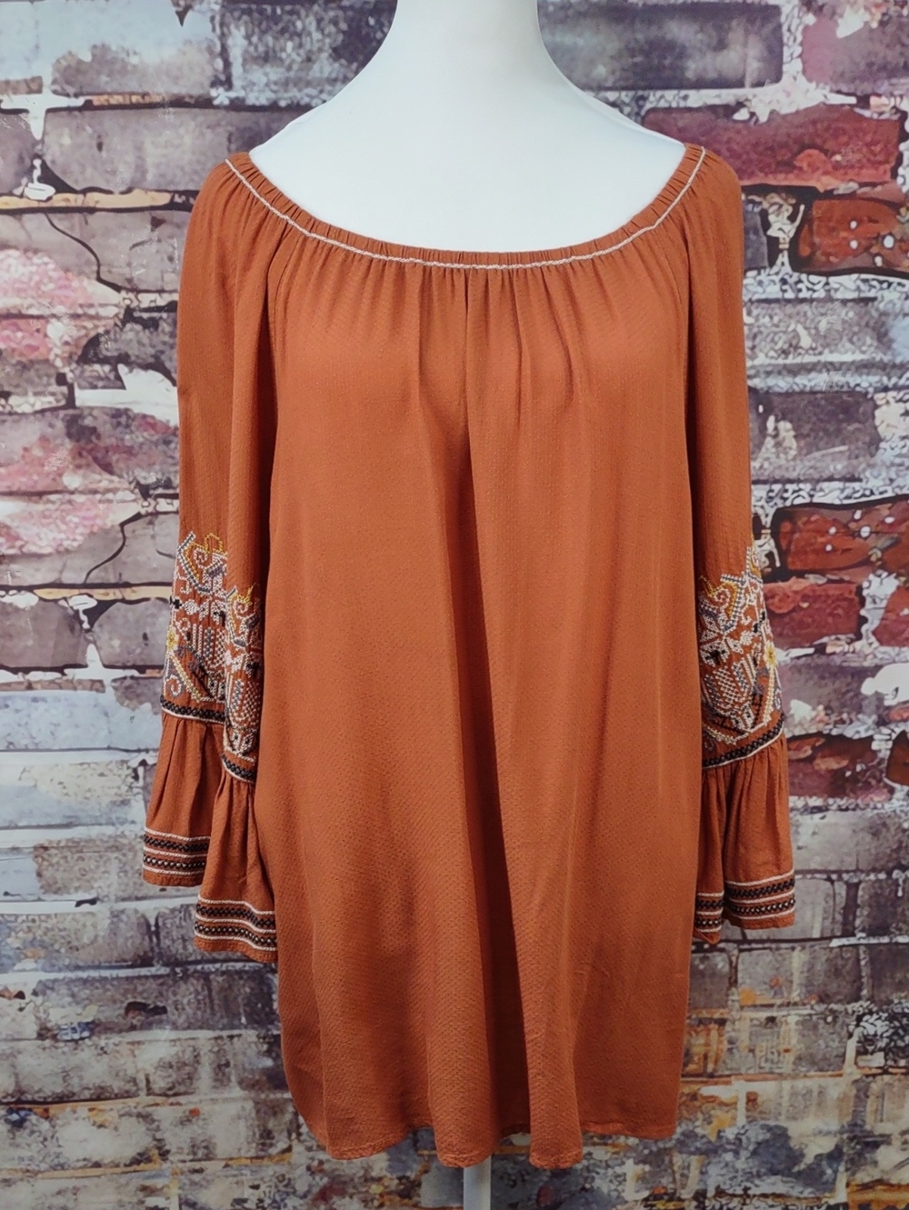 Max Studio Rust Orange Off-Shoulder Embroidered Sleeve Tunic